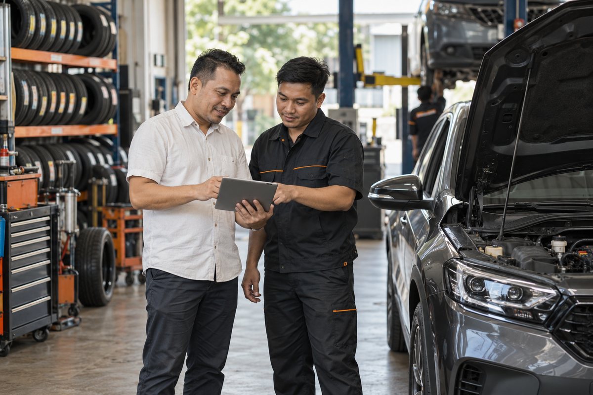 Ilustrasi pemilik bengkel dan juruteknik melihat tablet di sebelah kereta.