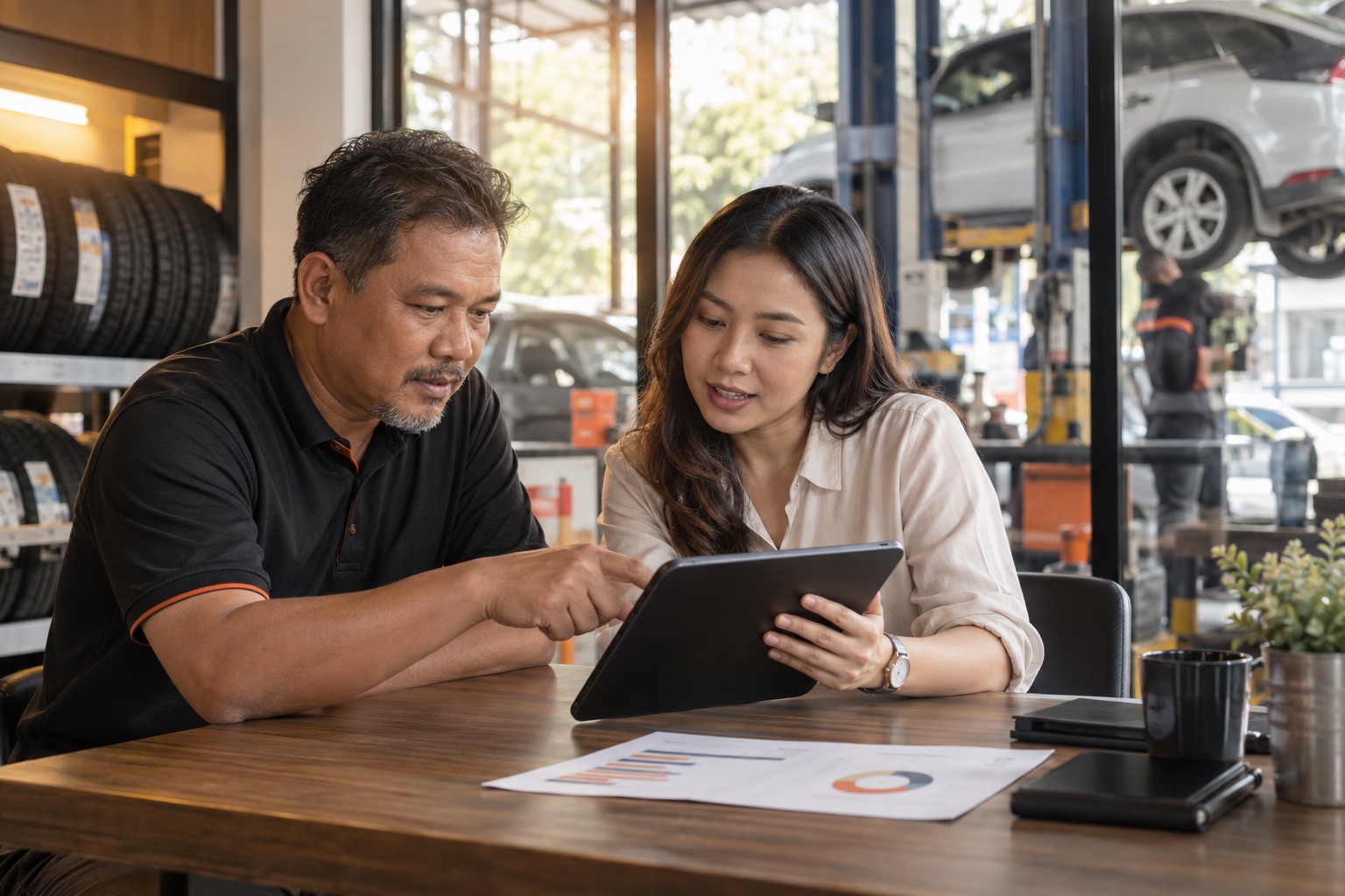 Advisor reviewing business performance with a workshop owner